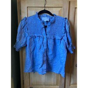The Shirt by Rochelle Behrens | 100% Linen Smocked Ruffled Blouse | Medium